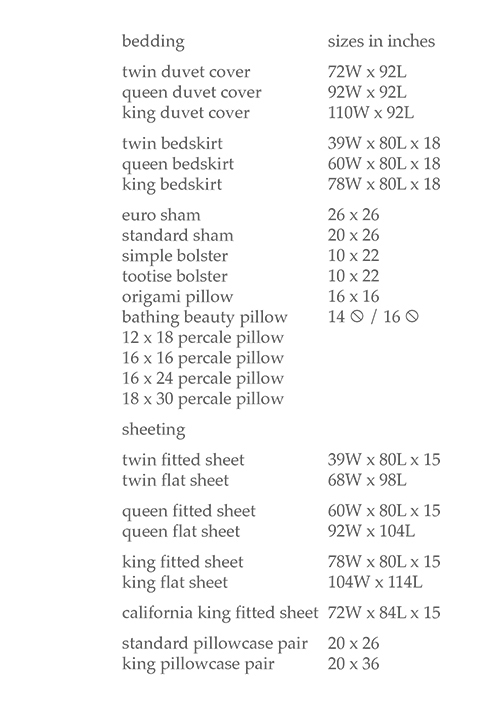 Bedding Size Chart 